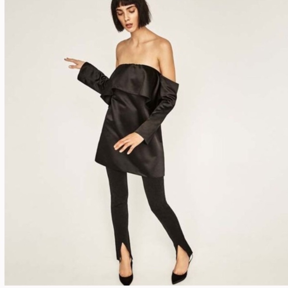 Zara Black Satin Off The Shoulder Mini Dress